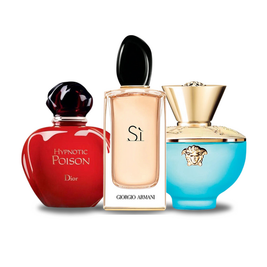 Pacchetto promozionale di 3 profumi  Dior HYPNOTIC POISON, Giorgio Armani SÌ e Versace DYLAN TURQUOISE 100ml.